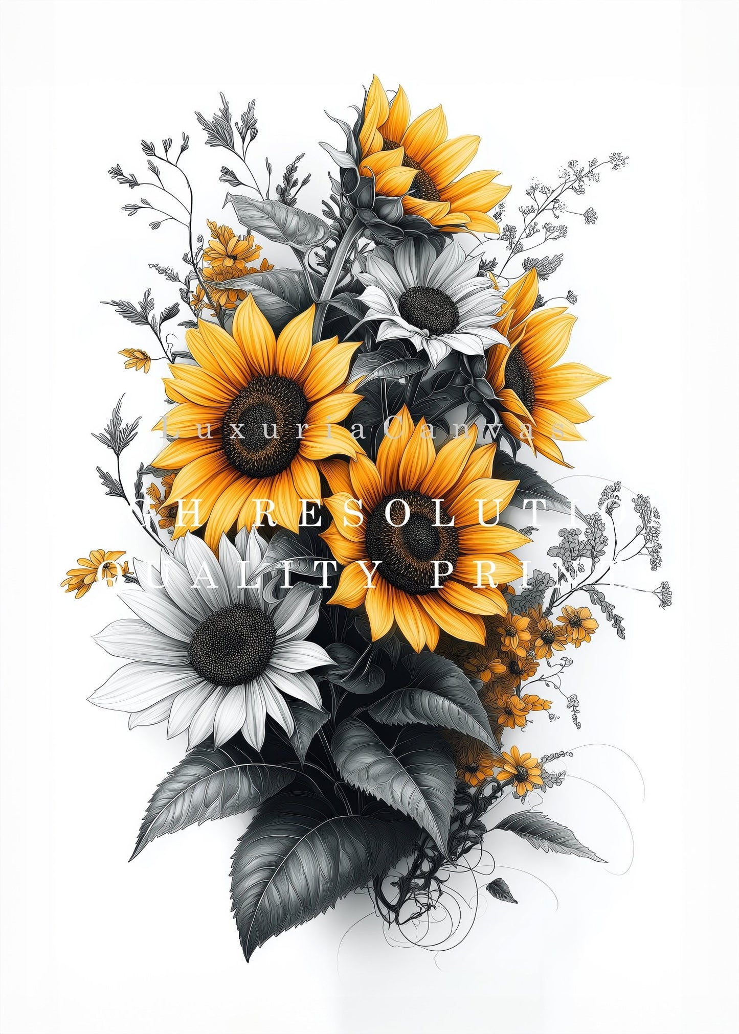Monochromatic Sunflowers Digital Art Download - Luxuria Canvas